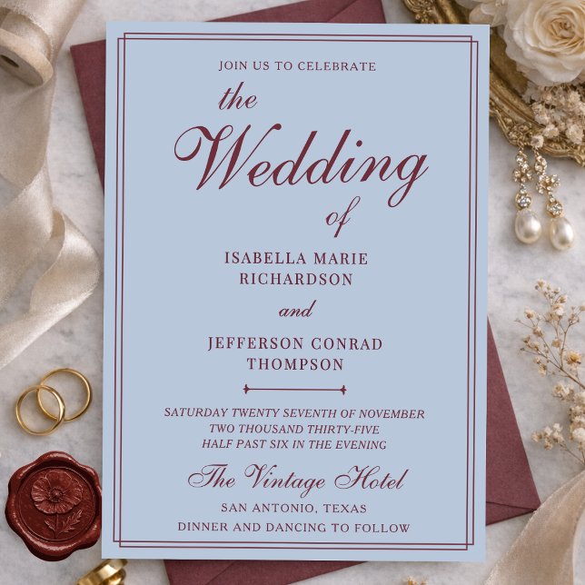 Convite Classic French Blue & Burgundy Old Money Wedding (Criador carregado)