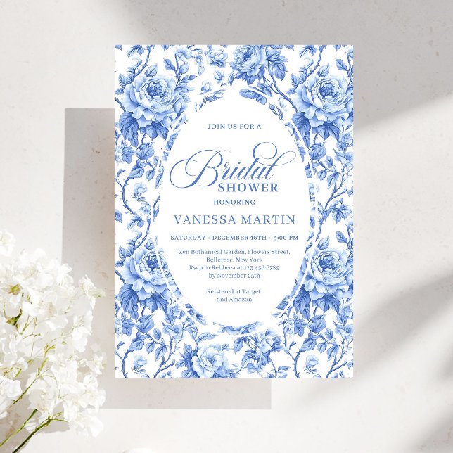 Convite Classic French Toile de Jouy Navy Bridal Shower  (Classic French Toile de Jouy Navy Bridal Shower Invite)