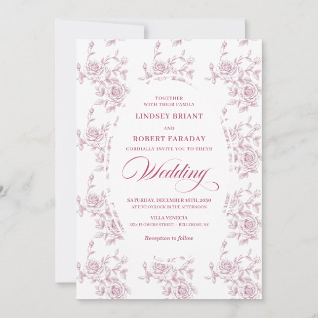 Convite Classic French Toile Roses Wedding Invitation (Frente)