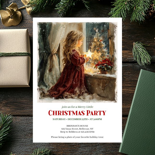Convite Classic girl awaits Santa printable Christmas  (Classic girl awaits Santa printable Christmas invite)