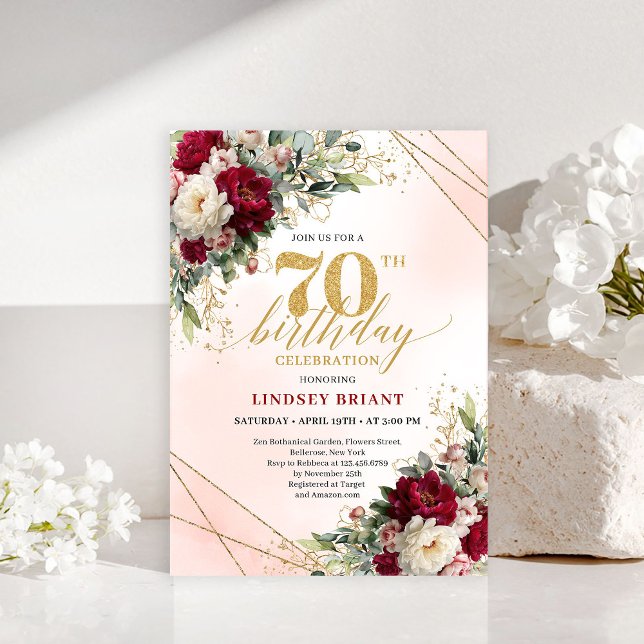 Convite Classic Gold Floral Happy 70th Birthday Invitation (Classic Gold Floral Happy 70th Birthday Invitation)