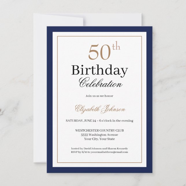 Convite Classic Gold Navy Blue 50th Birthday Party (Frente)