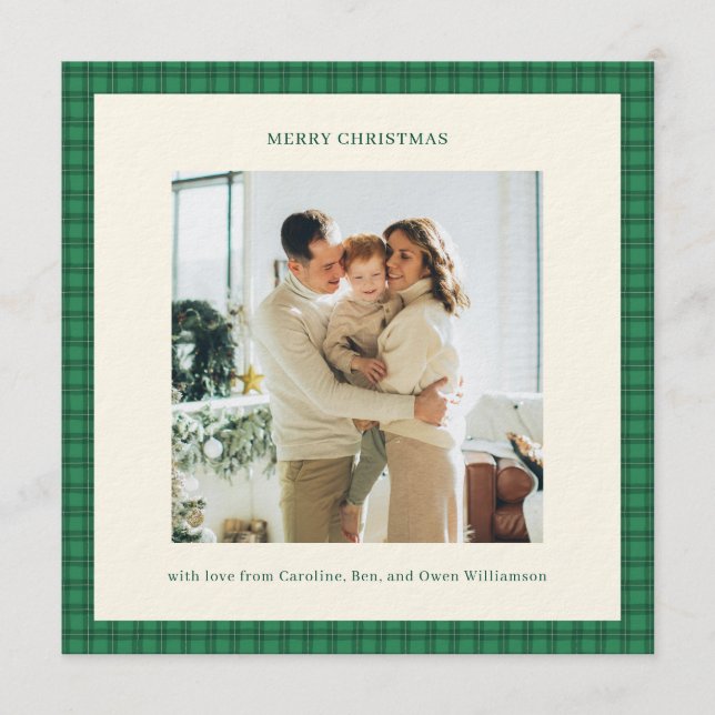 Convite Classic Green Plaid Cozy Christmas Photo (Frente)
