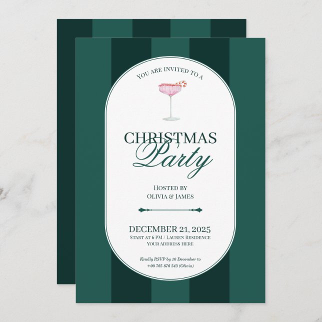 Convite Classic green stripe Christmas Invitation (Frente/Verso)