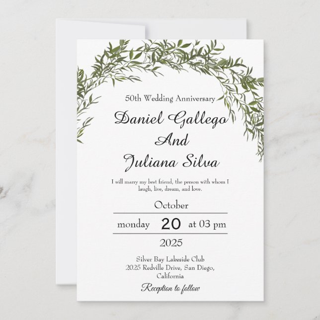 Convite Classic Greenery Wedding Anniversary Invitations (Frente)