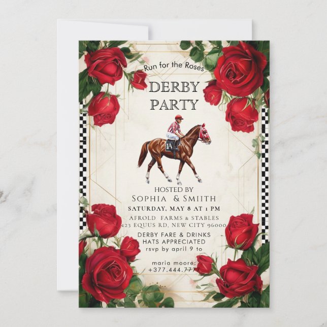 Convite Classic Kentucky Derby Party Invitation Red Roses  (Frente)
