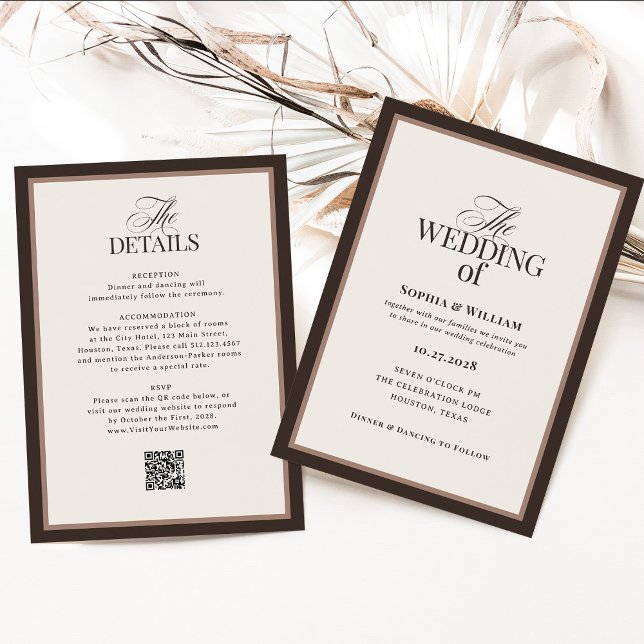 Convite Classic Luxe | Brown Neutral RSVP QR Code Wedding (Criador carregado)