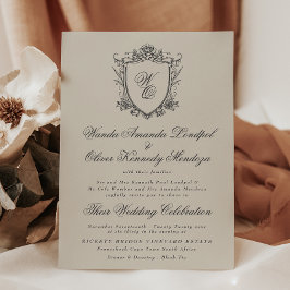 Convite Classic Monogram Beige Formal Floral Crest Wedding