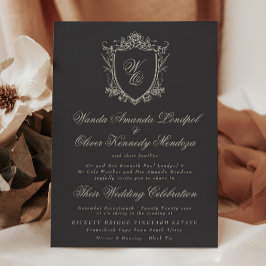 Convite Classic Monogram Charcoal Floral Crest Wedding