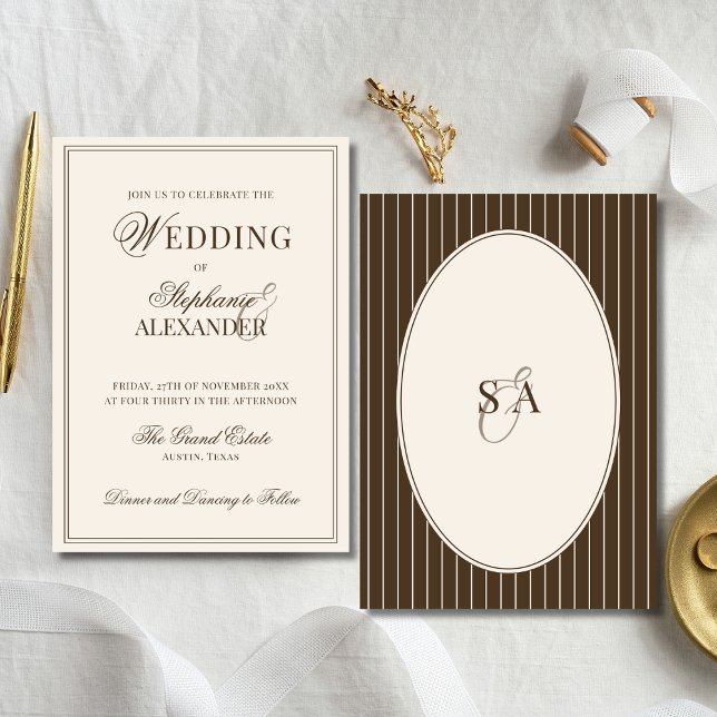 Convite Classic Monogram Old Money Brown & Ivory Wedding (Criador carregado)
