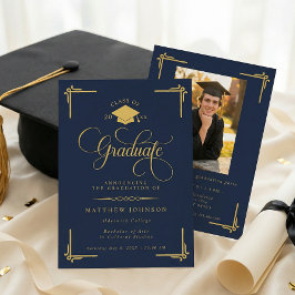 Convite Classic Navy Blue Gold Graduation
