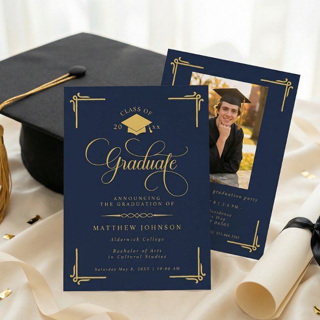Convite Classic Navy Blue Gold Graduation (Criador carregado)