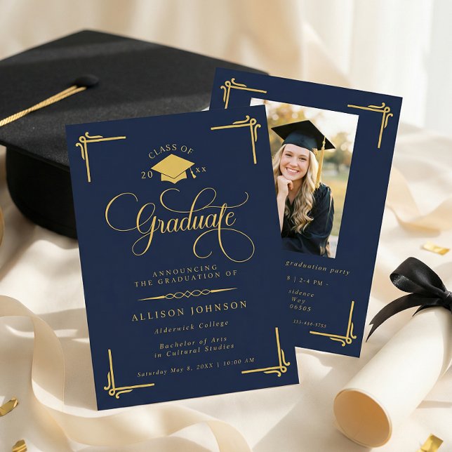 Convite Classic Navy Blue Gold Photo Graduation (Criador carregado)
