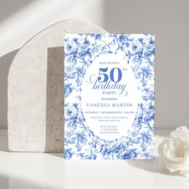 Convite Classic Navy Blue Toile Roses 50th Birthday Invite (Classic Navy Blue Toile Rose 50th Birthday Invitation)