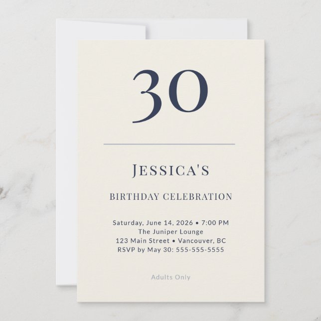 Convite Classic Navy & Cream 30th Birthday Celebration (Frente)