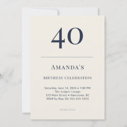 Convite Classic Navy & Cream 40th Birthday Celebration Inv