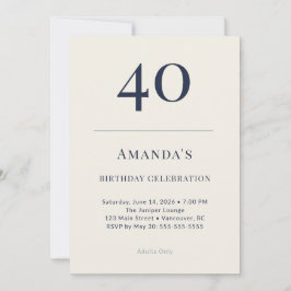 Convite Classic Navy & Cream 40th Birthday Celebration Inv