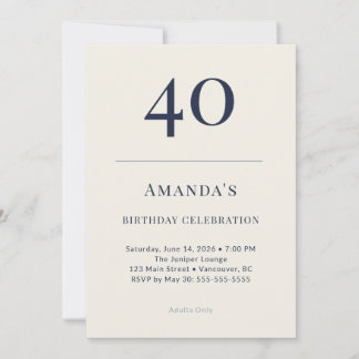 Convite Classic Navy & Cream 40th Birthday Celebration Inv