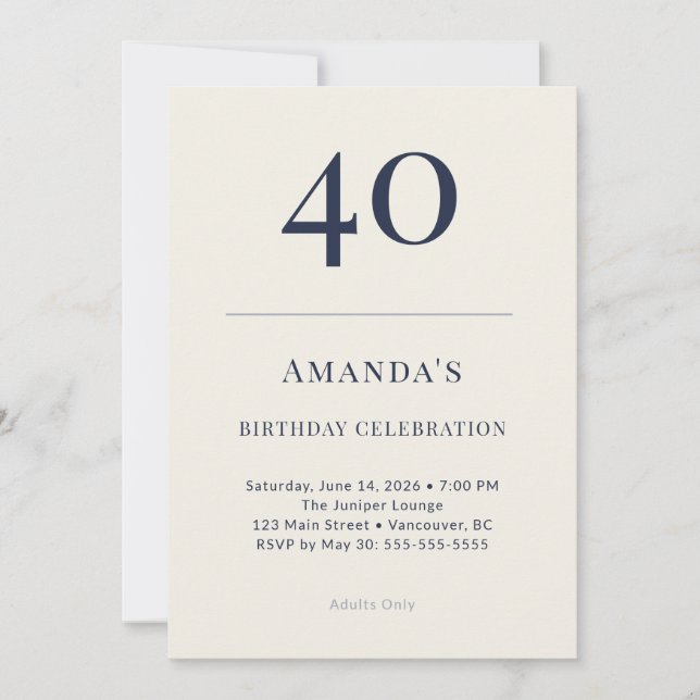 Convite Classic Navy & Cream 40th Birthday Celebration Inv (Frente)