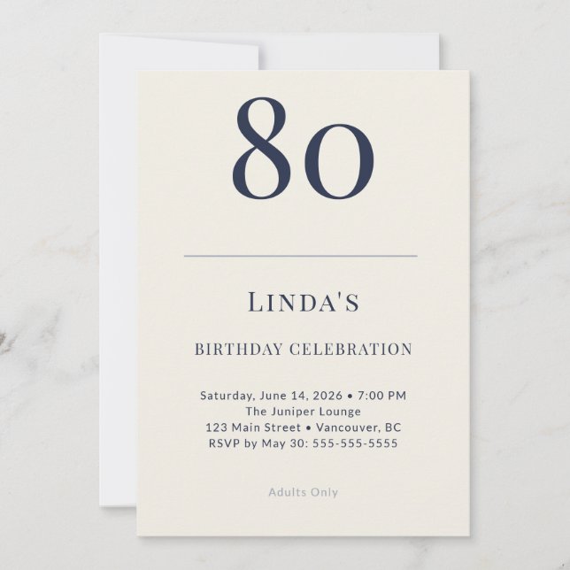 Convite Classic Navy & Cream 80th Birthday Celebration (Frente)