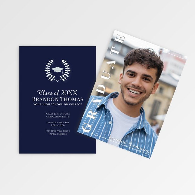 Convite Classic Navy Photo Graduation Announcement (Classic navy graduation card with vertical photo and modern typography)