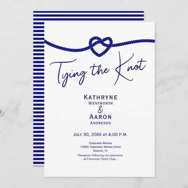 Convite Classic Navy White Stripes Tying the Knot Wedding  (Frente/Verso)