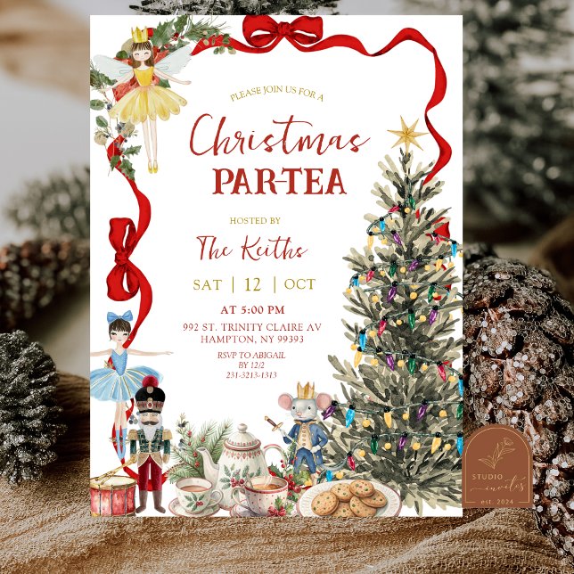 Convite Classic Nutcracker Red Bow Coquette Christmas  (Criador carregado)