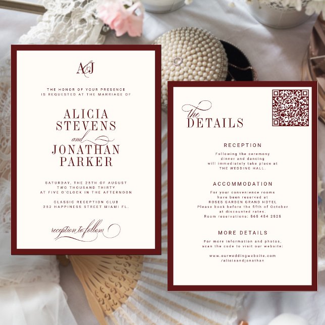 Convite Classic old money burgundy ivory wedding (Criador carregado)
