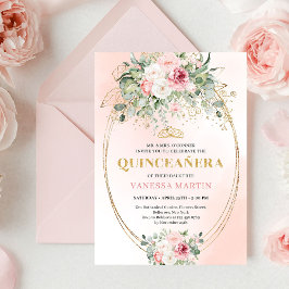 Convite Classic Pastel Pink Rose Gold Quinceañera Invite