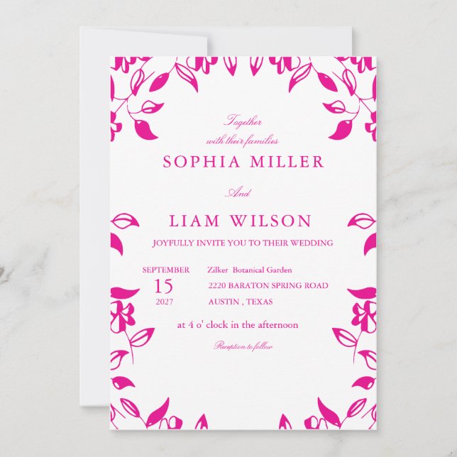Convite Classic Pink Floral  Wedding Invitation (Frente)