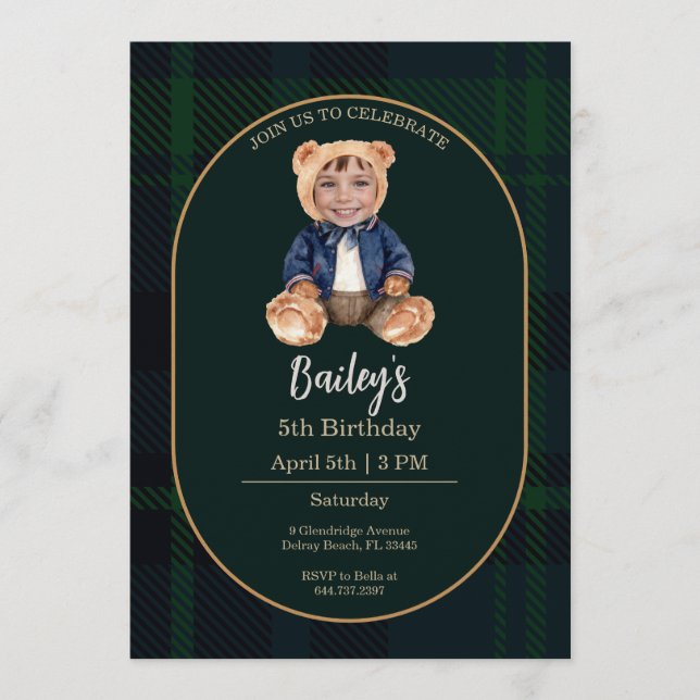 Convite Classic Plaid Little Bear Birthday Photo (Frente)