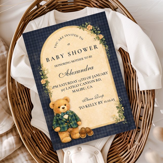 Convite Classic Plaid Nursery Teddy Baby Shower (Criador carregado)