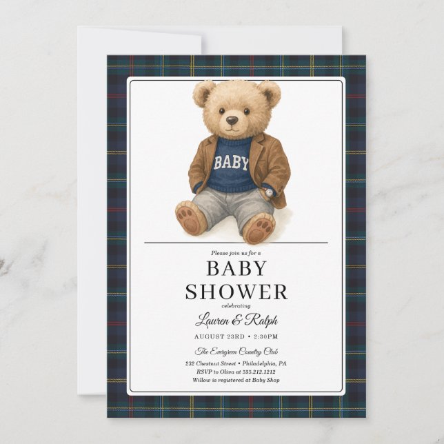 Convite Classic Plaid Teddy Bear Baby Shower (Frente)