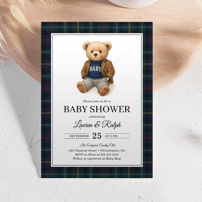 Convite Classic Plaid Teddy Bear Lauren Baby Shower (Criador carregado)