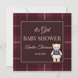 Convite Classic Polo Teddy Bear Preppy Plaid Baby Shower 