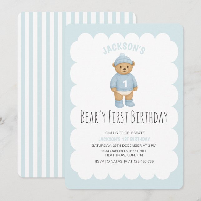 Convite Classic Preppy Bear Blue Boy Birthday (Frente/Verso)