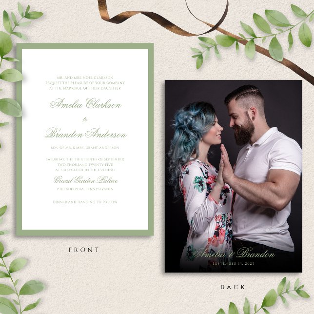Convite Classic Real Sage Green Script & Photo Wedding (Criador carregado)