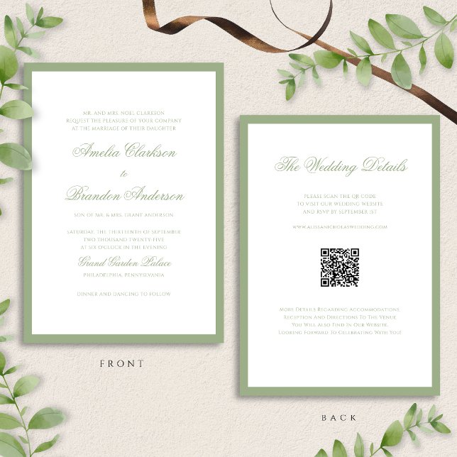 Convite Classic Real Sage Green & White Wedding QR Code (Criador carregado)