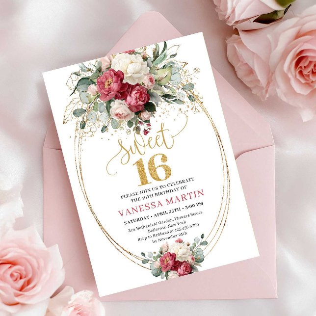 Convite Classic Red Blush Floral Sweet 16 Birthday Invite (Classic Red Blush Floral Sweet 16 Birthday Invitation)