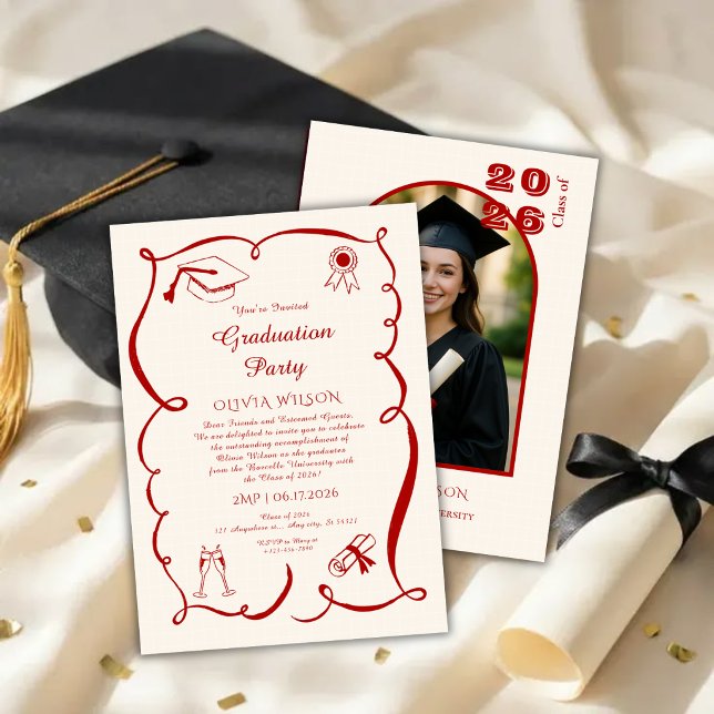 Convite Classic Red Graduation with Photo Party (Criador carregado)