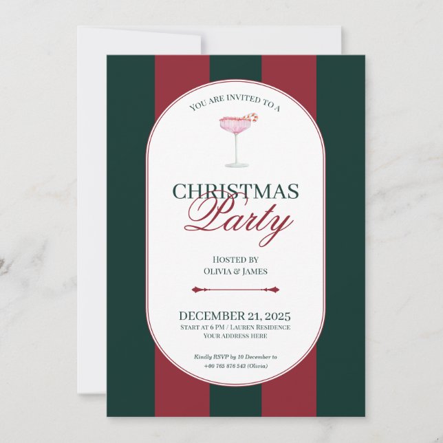 Convite Classic red green stripe Christmas Invitation (Frente)