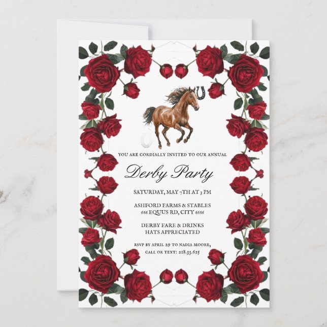 Convite Classic Red Rose Wreath Kentucky Derby Invitation  (Frente)