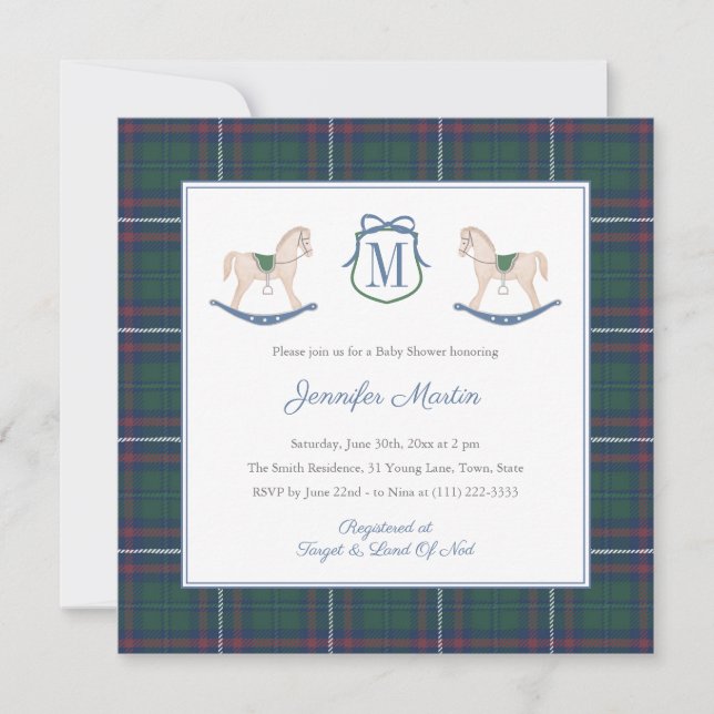 Convite Classic Rocking Horse Tartan Winter Baby Shower (Frente)