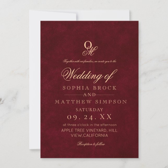 Convite Classic Romantic Minimal Burgundy Monogram Wedding (Frente)