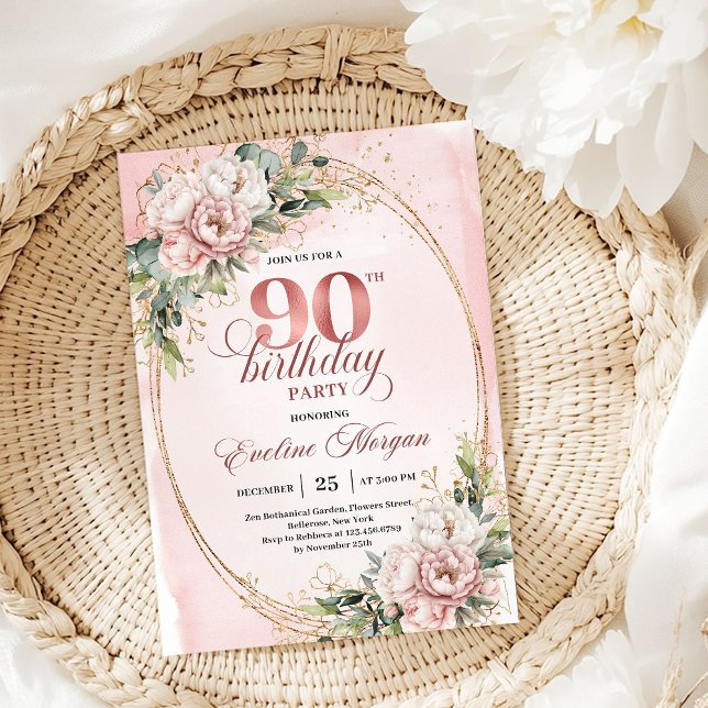 Convite Classic Rose Gold Floral Greenery 90th Birthday  (Classic Rose Gold Floral Greenery 90th Birthday Invite)