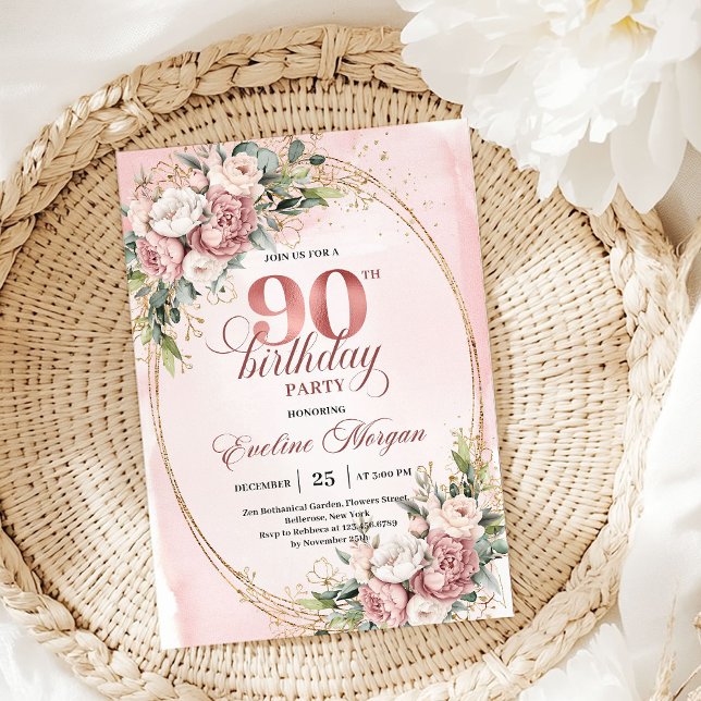 Convite Classic Rose Gold Greenery 90th Birthday Invite (Classic Rose Gold Greenery 90th Birthday Invitation)
