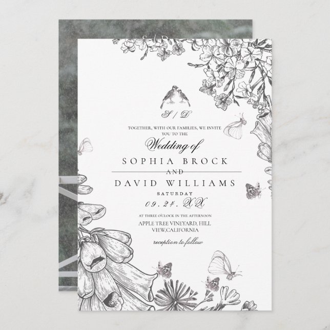 Convite Classic Rustic Black White Floral Wedding  (Frente/Verso)