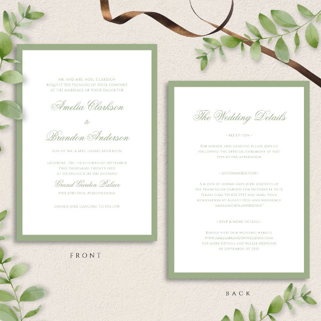 Convite Classic Sage Green Border Script Wedding Details & (Criador carregado)