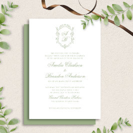 Convite Classic Sage Green Floral Monogram Crest Wedding