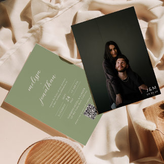 Convite Classic Sage Green Photo Monogram QR Code Wedding
